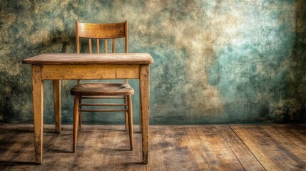 Wooden table and chair are sitting in front of a wall