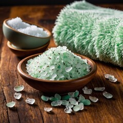 Scattered bath salts lay elegantly beside soft towels, creating a relaxing spa atmosphere perfect for unwinding after a long day