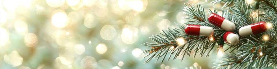 Festive holiday banner with colorful tablets and capsules scattered on snowy surfaces with pine branches and glowing lights, creating a winter-themed healthcare or wellness concept.