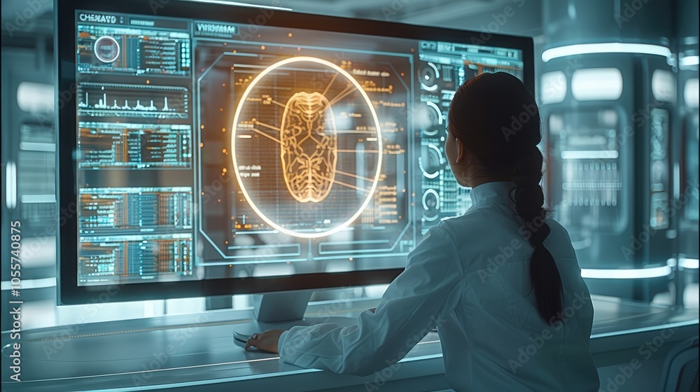 Aufkleber A person viewing a hologram computer monitor at a desk confused in a futuristic office.