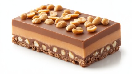 Protein bar with peanut topping and caramel layer, highlighting a healthy, crunchy snack, isolated on white