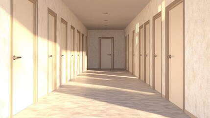 Long hallway with white doors and a light shining on the floor