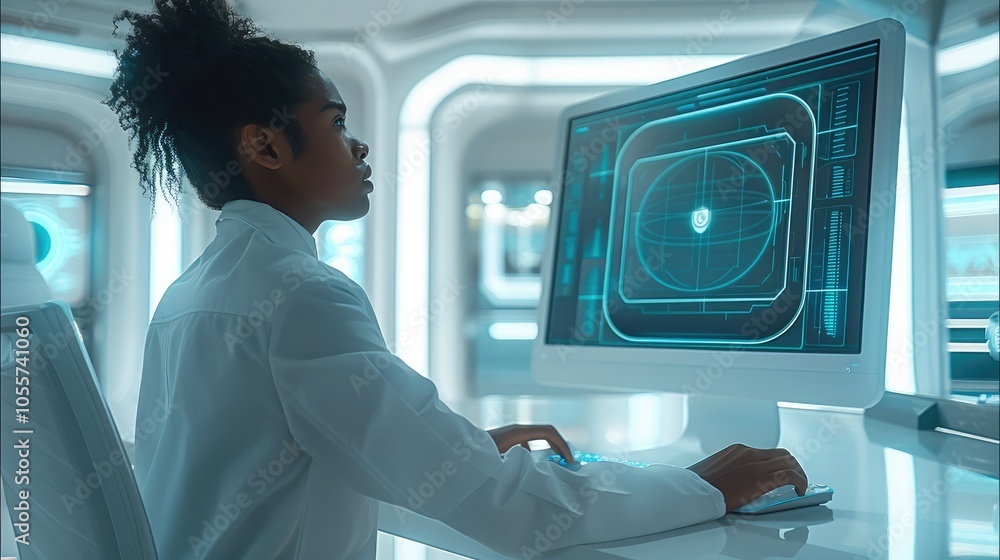 Aufkleber a person viewing a hologram computer monitor at a desk confused in a futuristic office.