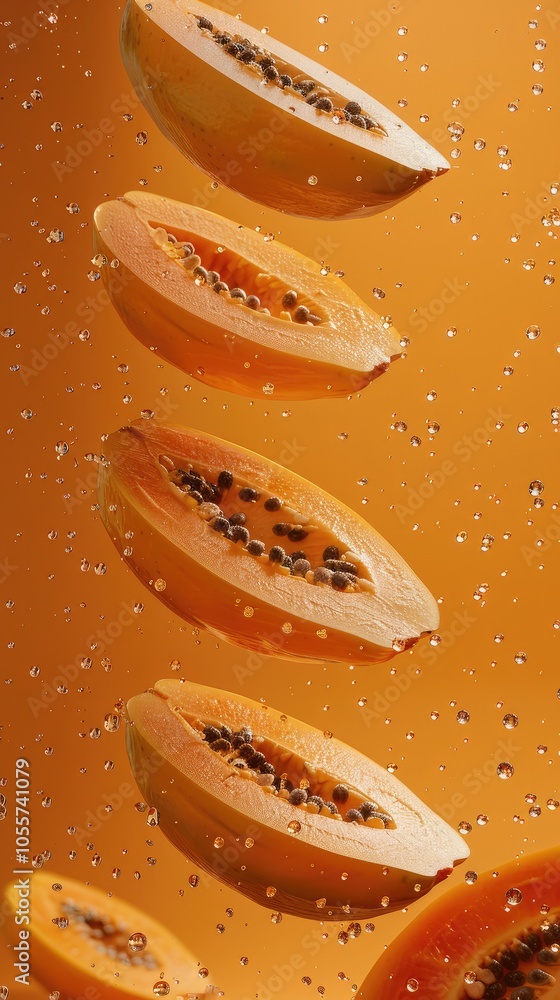 Poster falling identical papaya slices floating in the air isolated on orange background.