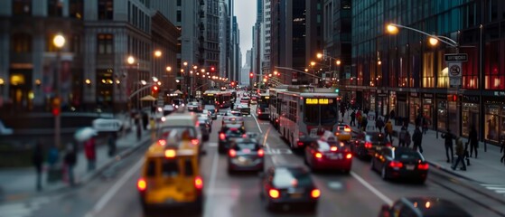 Fototapeta premium Busy city street with vibrant traffic at dusk, enveloped in a mix of urban lights and fading daylight, capturing city life and movement.