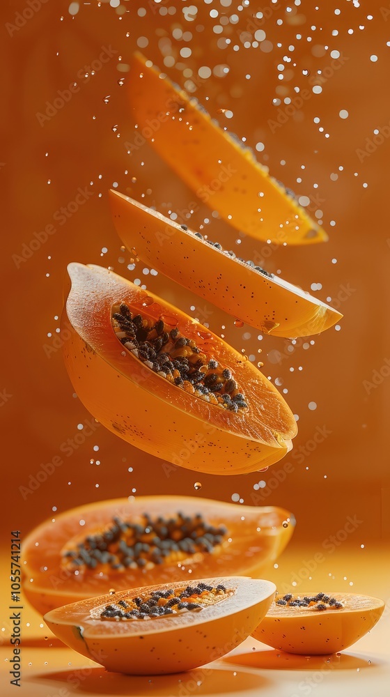 Poster falling identical papaya slices floating in the air isolated on orange background.