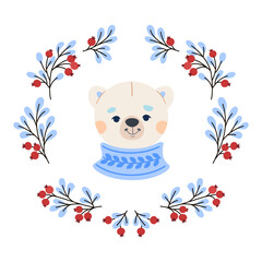 Polar plush white bear head in knitted sweater in round frame of winter fir branches with red berries. Cute vector children's illustration for New Year and Christmas card.