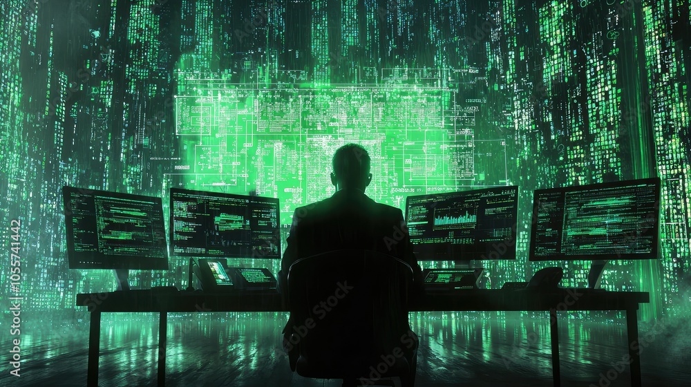 Poster serene hacker analyzing data in digital environment
