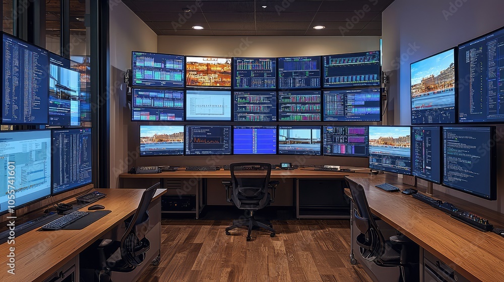 Poster serene control room with multiple displays and workstations