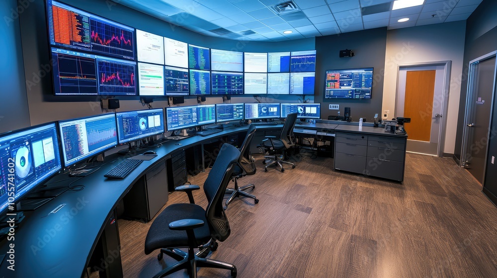 Poster modern control room with multiple screens and data displays