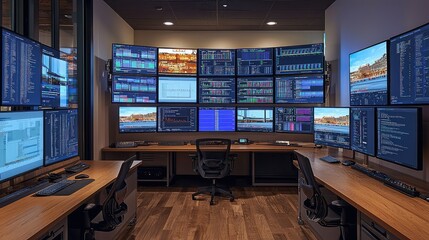 Naklejka premium Serene Control Room with Multiple Displays and Workstations