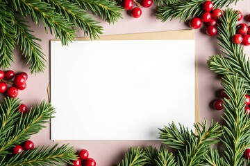 Festive christmas card design with blank space surrounded by pine branches and red berries
