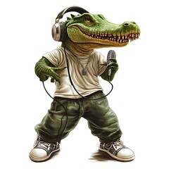 Cartoon crocodile wearing baggy pants, headphones, and holding a mic on a white background.
