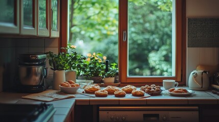Cozy Kitchen with Freshly Baked Goods and Serene View