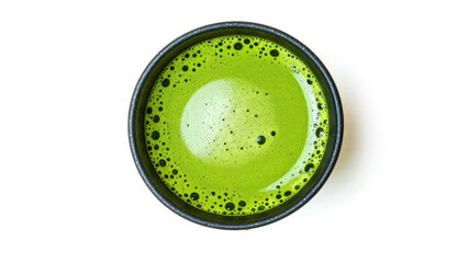 Top View of Frothy Matcha Green Tea in Black Cup