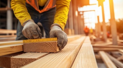 Construction Worker Measuring Wooden Beams with Ruler