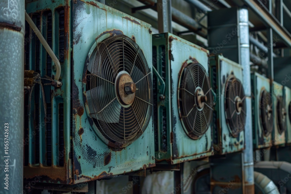 Poster old and rusty air conditioners working outside a building
