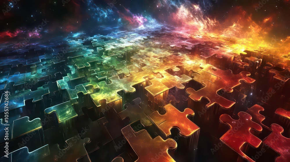 Poster A cosmic scene featuring colorful, translucent puzzle pieces floating in space.