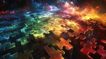 A cosmic scene featuring colorful, translucent puzzle pieces floating in space.