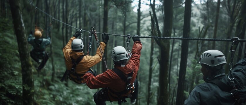 Adventurers exhilarated on a forest zip line course, faces gleaming with excitement and thrill in the hazy woods.