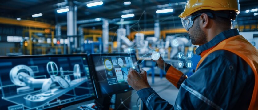 A factory worker in safety gear inspects virtual data on a screen, representing modern industrial technology and innovation.