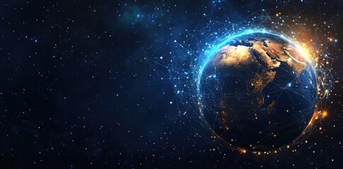 Abstract Global Network Concept with Glowing Connections Around Earth, Data Transfer Technology Background