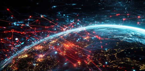 Abstract Global Network Concept with Glowing Connections Around Earth, Data Transfer Technology Background