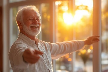 Elderly patient smiling while receiving physiotherapy, therapist gently guiding their arm movements, bright clinic background, soft lighting, warm tones