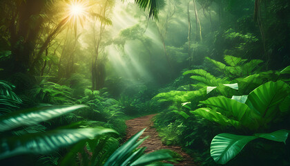 Blurred nature background of a tropical rainforest. Dark green tones give a moist and peaceful feeling.