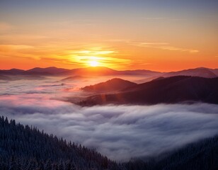 Obraz premium Colorful winter sunrise in the foggy mountains