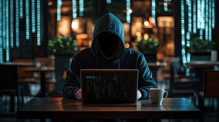 Hacker Working in a Serene Coffee Shop Scene