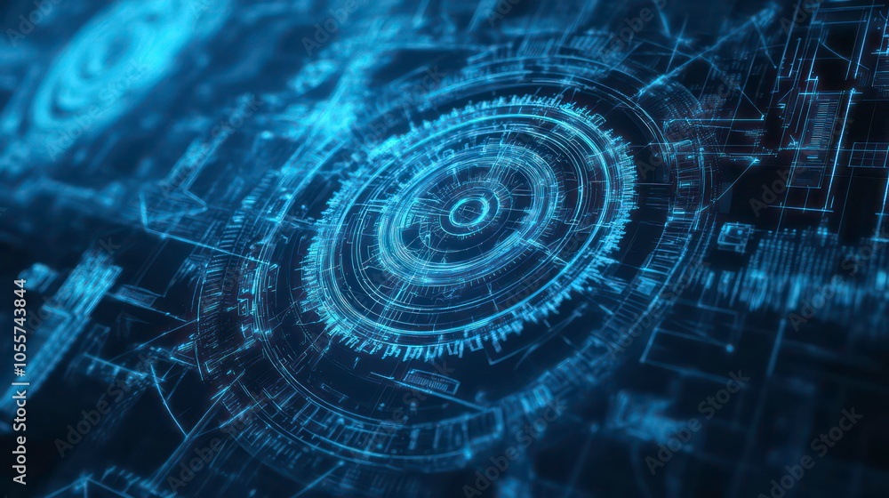 Fototapete a futuristic digital blueprint showcasing intricate circular designs and technical elements.