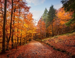 Obraz premium Beautiful view of the forest on a sunny day. Autumn landscape. Carpathians. Ukraine, Europe