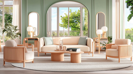 Fototapeta premium interior of a fresh and refined living room in the hues of light green and wooden, farm house style