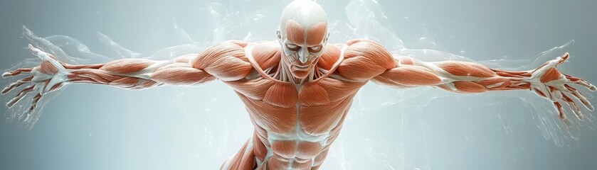 Anatomical breakdown of the muscular system, fullbody, labeled muscles in a dynamic pose, clean background, clinical precision, bright lighting