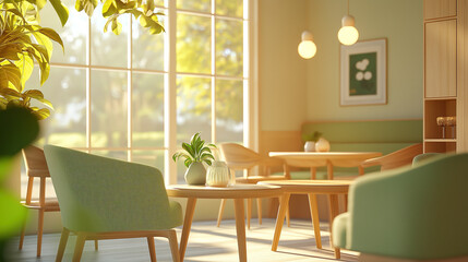 Fototapeta premium interior of a fresh and refined living room in the hues of light green and wooden, farm house style