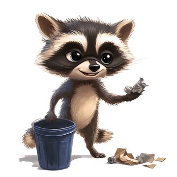 A cartoon raccoon superhero with a mask, rummaging through a trash can with a sly smile on a white background.
