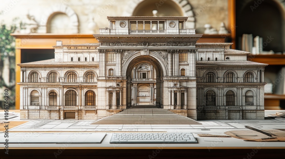 Poster intricate architectural model displayed on a workspace.