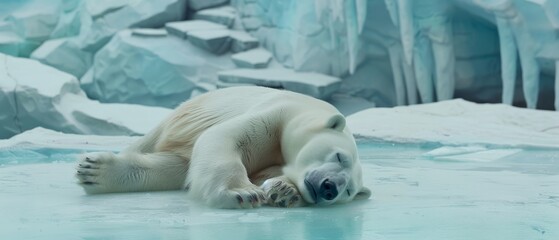 A majestic polar bear sleeps soundly on icy terrain, enveloped by serene blue hues that emphasize the peacefulness of the Arctic environment.
