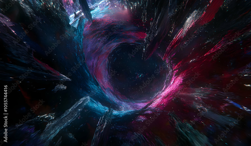 Poster a mesmerizing cosmic vortex with vibrant colors and abstract formations.