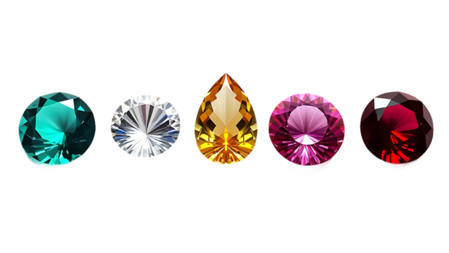 Set of spinel gem stone. Colorful gem stones set in various colors - yellow, red, white, blue and turquoise. Isolated on transparent white background, png