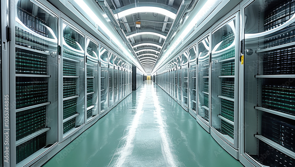 Poster Data warehouse. smart warehouse management system, Secure data warehouse protected by layers of digital encryption key, featuring interconnected IoT devices that enable a seamless flow of information.