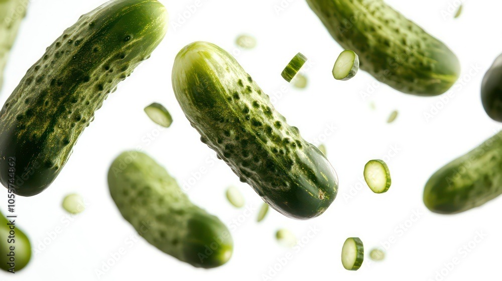 Aufkleber A dynamic image of floating cucumbers and cucumber slices against a white background.