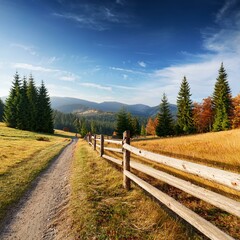 Fototapeta premium country road through grassy rural hillside. lovely springtime scenery in mountainous area