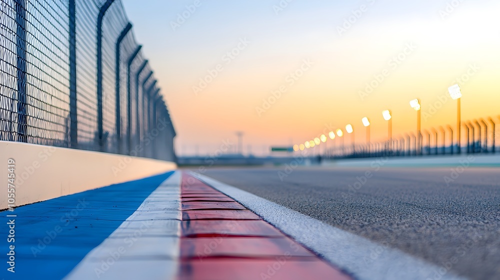 Poster dynamic motorsport circuit with sharp turns and illuminated trackside lights - captivating panoramic
