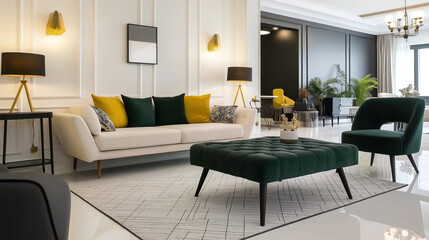 stylish modern living room, in the hues of olive green and lemon yellow