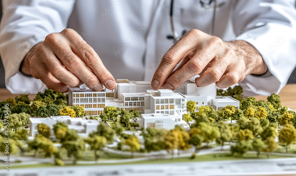 Poster a person adjusts a scale model of a building complex surrounded by greenery.