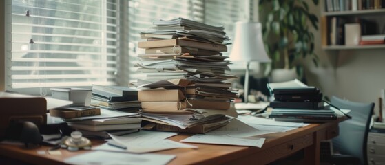 Stacks of books and papers clutter a sunlit office desk, suggesting a busy, scholarly environment...