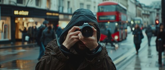 Fototapeta premium A mysterious photographer captures moments amidst a bustling city street, with a red double-decker bus blending into the urban life scene.