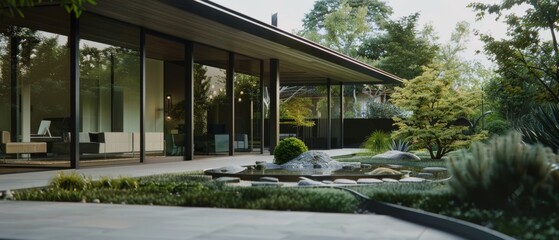Fototapeta premium A serene Japanese garden with lush greenery and tranquil reflections, adjacent to a sleek modern building with expansive glass walls.